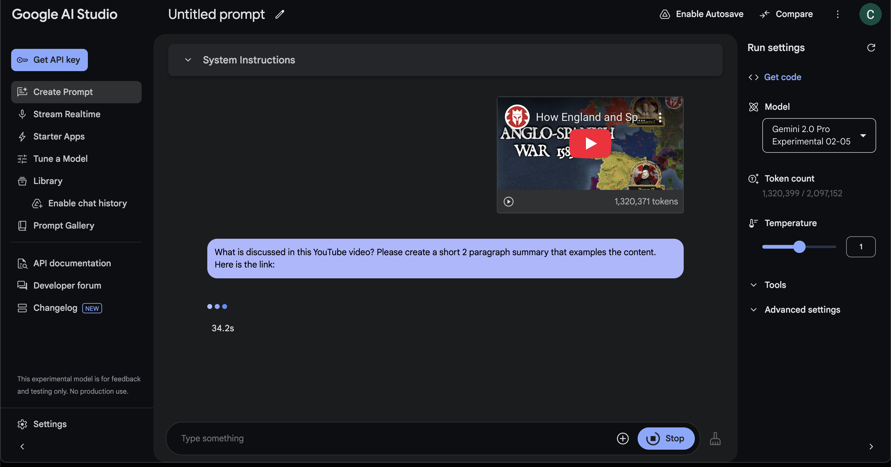 Video Upload YouTube video uploaded to AI Studio