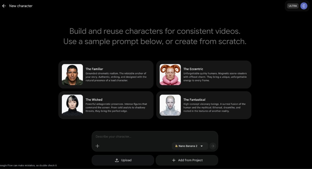 Google Flow New character screen Google Flow New character screen