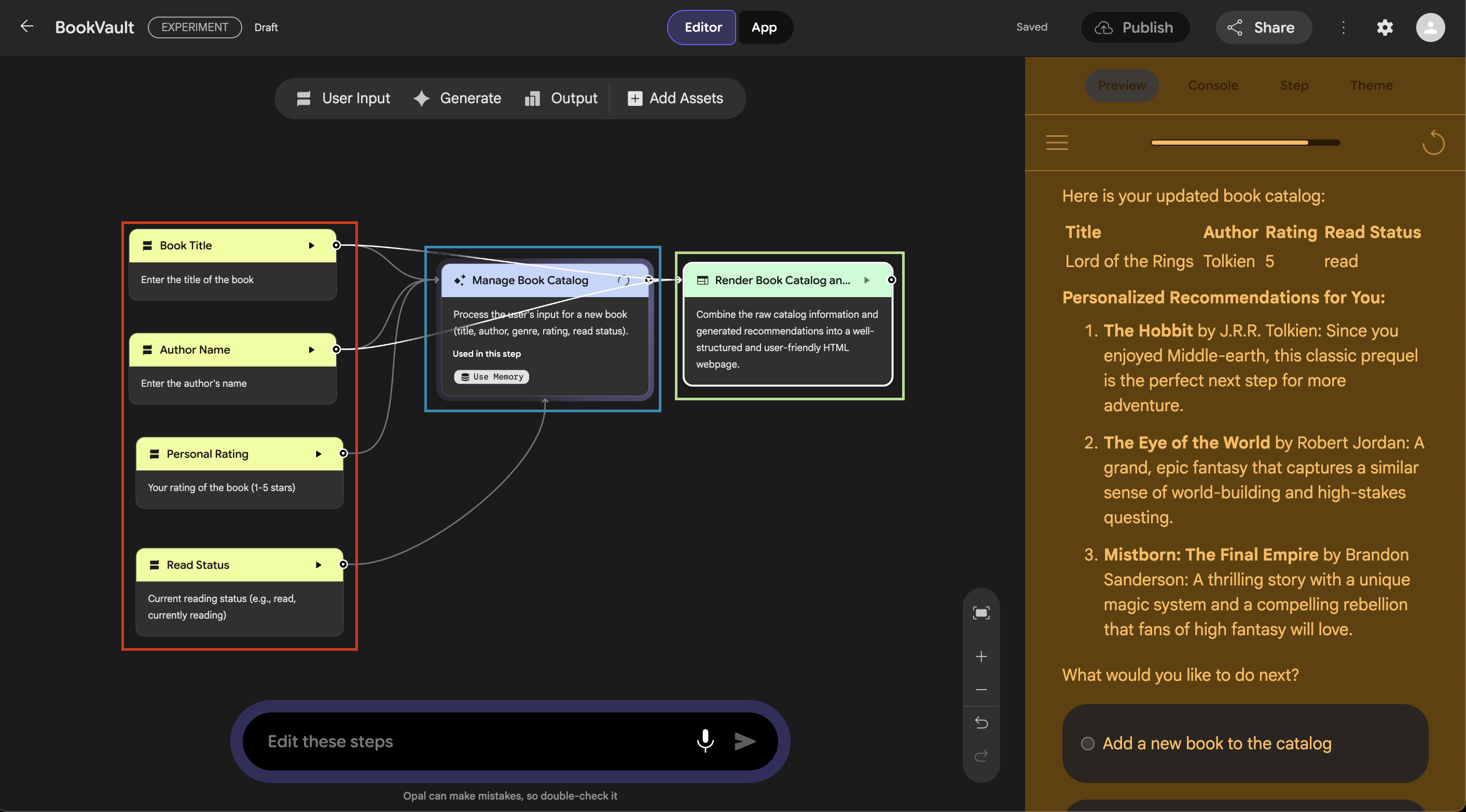 image 2 Opal visual canvas with building blocks for an app workflow