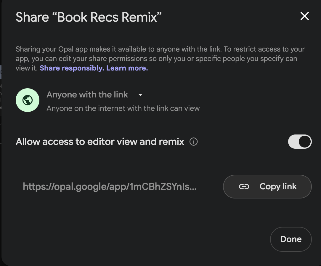 image 4 Published Opal app view with sharing options